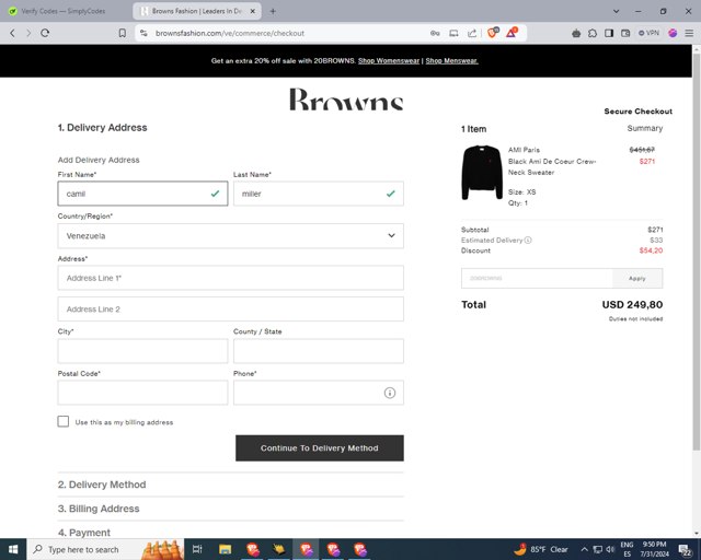 Browns Fashion checkout page showing Browns Fashion promo code box | Screenshot taken by SimplyCodes community member on Aug 1, 2024