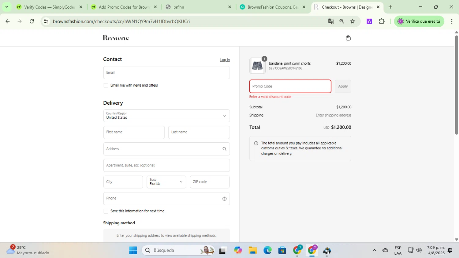 Browns Fashion promo code screenshot showing code 20BROWNS applied at Browns Fashion checkout page. Uploaded by SimplyCodes community member jesusalvarez1 on Aug 4, 2025