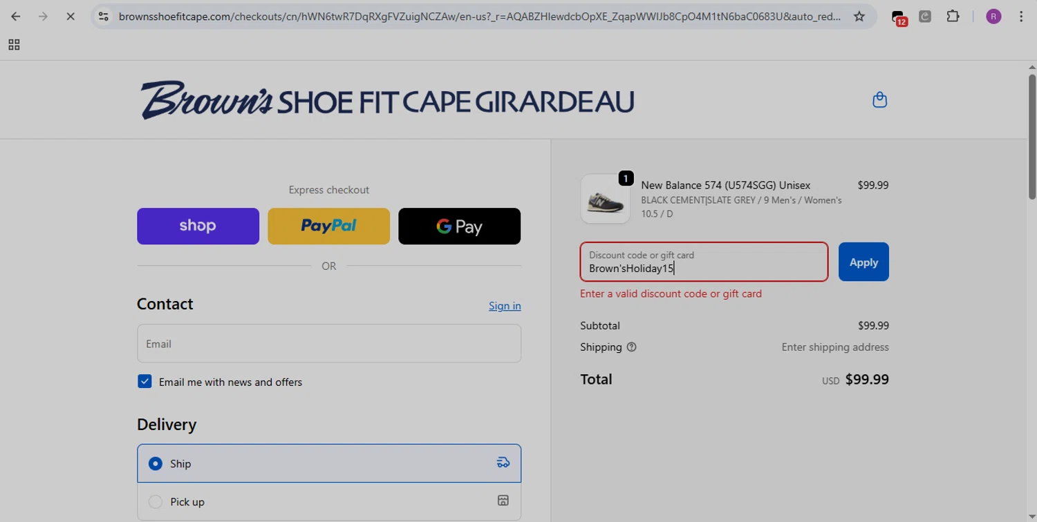 Brown's Shoe Fit promo code screenshot showing code Brownu0027sHoliday15 applied at Brown's Shoe Fit checkout page. Uploaded by SimplyCodes community member GloriousMaven6295 on Dec 27, 2025