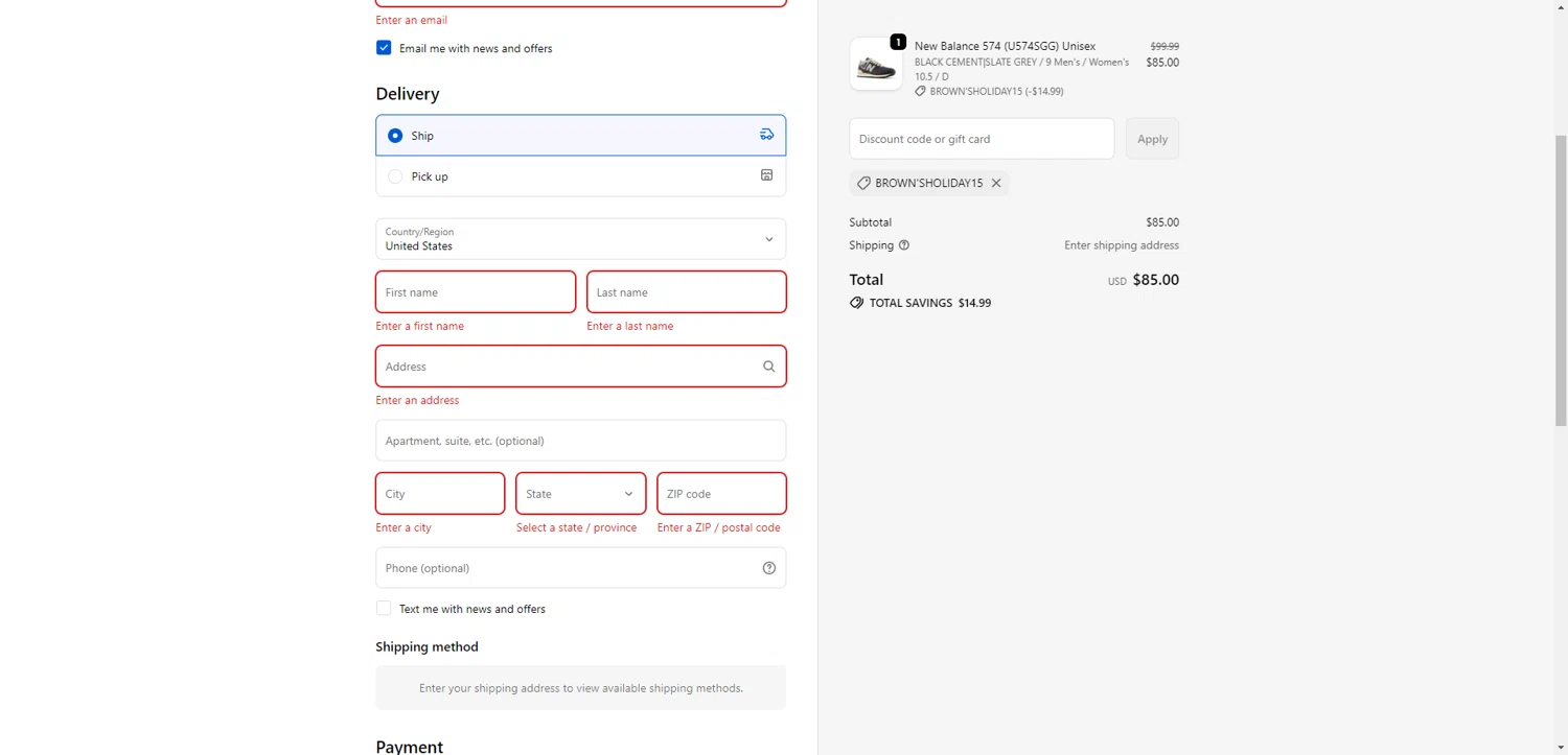 Brown's Shoe Fit promo code screenshot showing code Brownu0027sHoliday15 applied at Brown's Shoe Fit checkout page. Uploaded by SimplyCodes community member ThriftyPhoenix5129 on Dec 21, 2025