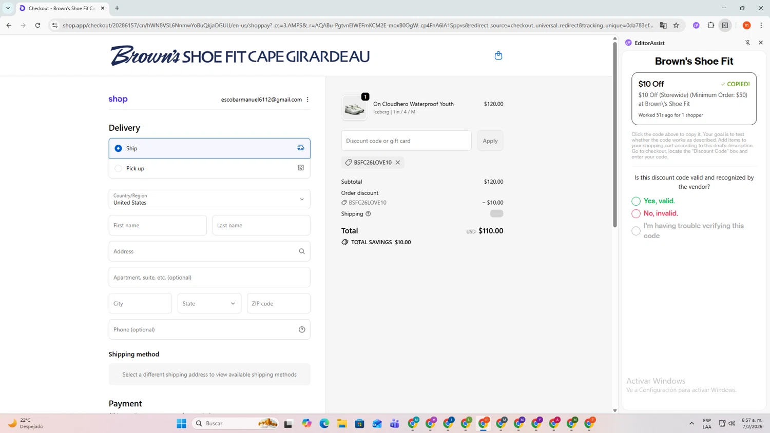 Brown's Shoe Fit checkout page showing Brown's Shoe Fit promo code box | Screenshot taken by SimplyCodes community member on Feb 7, 2026