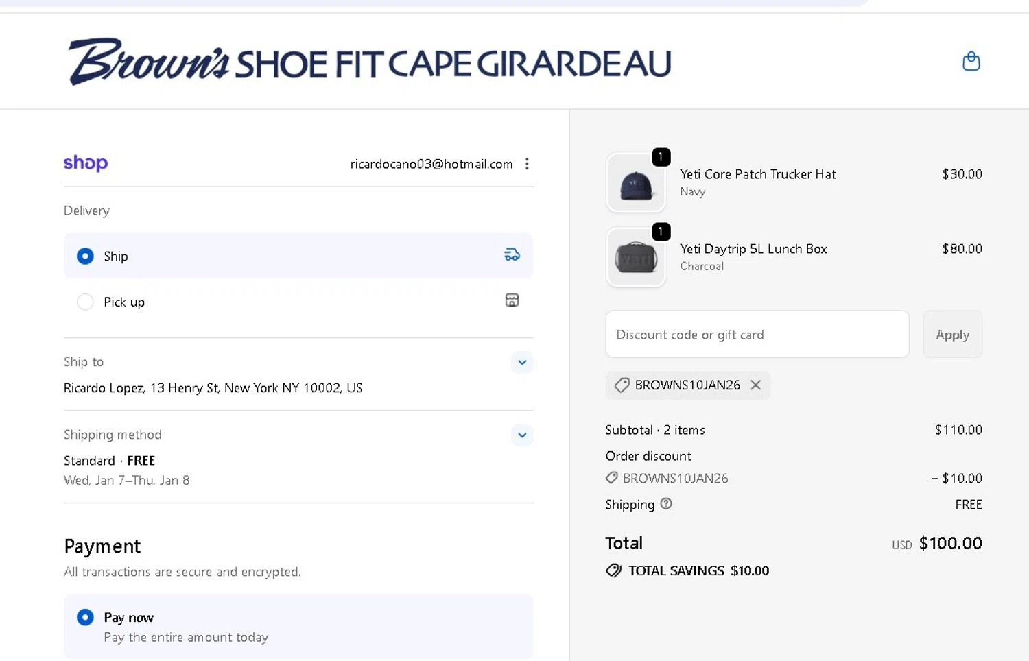 Brown's Shoe Fit promo code screenshot showing code BROWNS10JAN26 applied at Brown's Shoe Fit checkout page. Uploaded by SimplyCodes community member LAMINEJAMAL on Dec 31, 2025