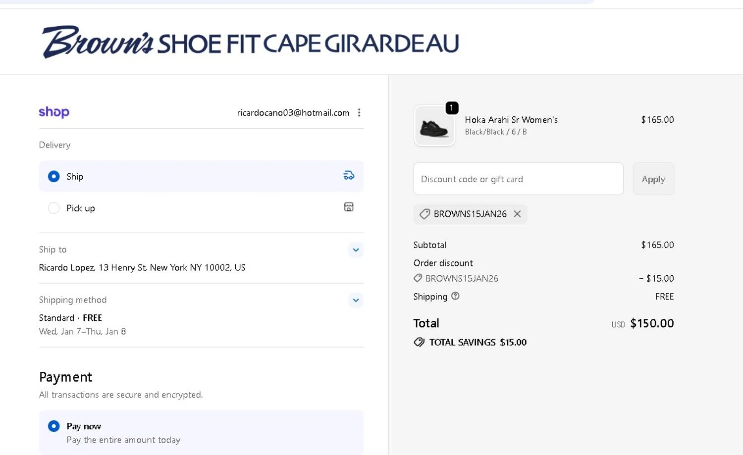 Brown's Shoe Fit promo code screenshot showing code BROWNS15JAN26 applied at Brown's Shoe Fit checkout page. Uploaded by SimplyCodes community member LAMINEJAMAL on Dec 31, 2025