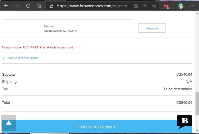 Browns Shoes checkout page showing Browns Shoes promo code box | Screenshot taken by SimplyCodes community member on Aug 3, 2020