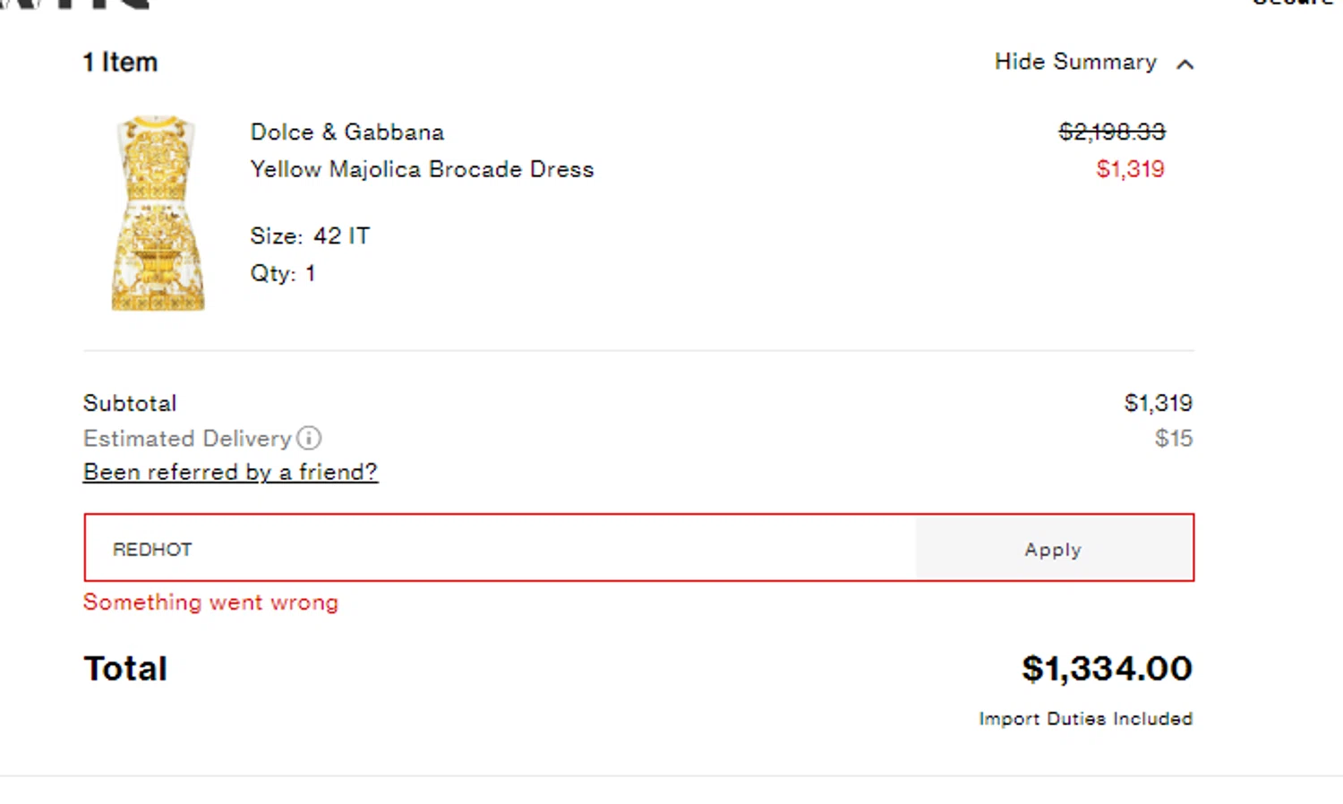 Browns Shoes promo code screenshot showing code REDHOT applied at Browns Shoes checkout page. Uploaded by SimplyCodes community member Veigarwaton on Dec 31, 2024