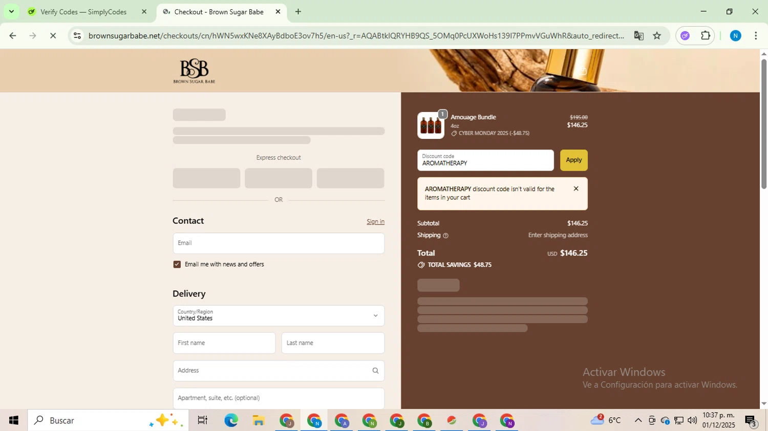 Brown Sugar Babe discount code screenshot showing code AROMATHERAPY applied at Brown Sugar Babe checkout page. Uploaded by SimplyCodes community member CoinHawk678 on Dec 2, 2025