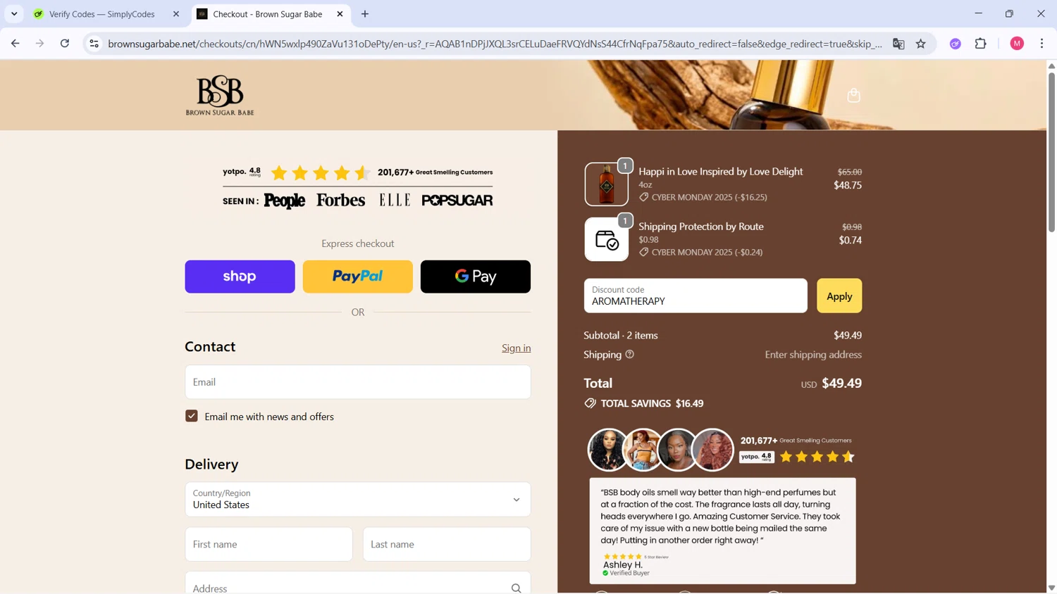 Brown Sugar Babe discount code screenshot showing code AROMATHERAPY applied at Brown Sugar Babe checkout page. Uploaded by SimplyCodes community member ValueCollector4159 on Dec 2, 2025
