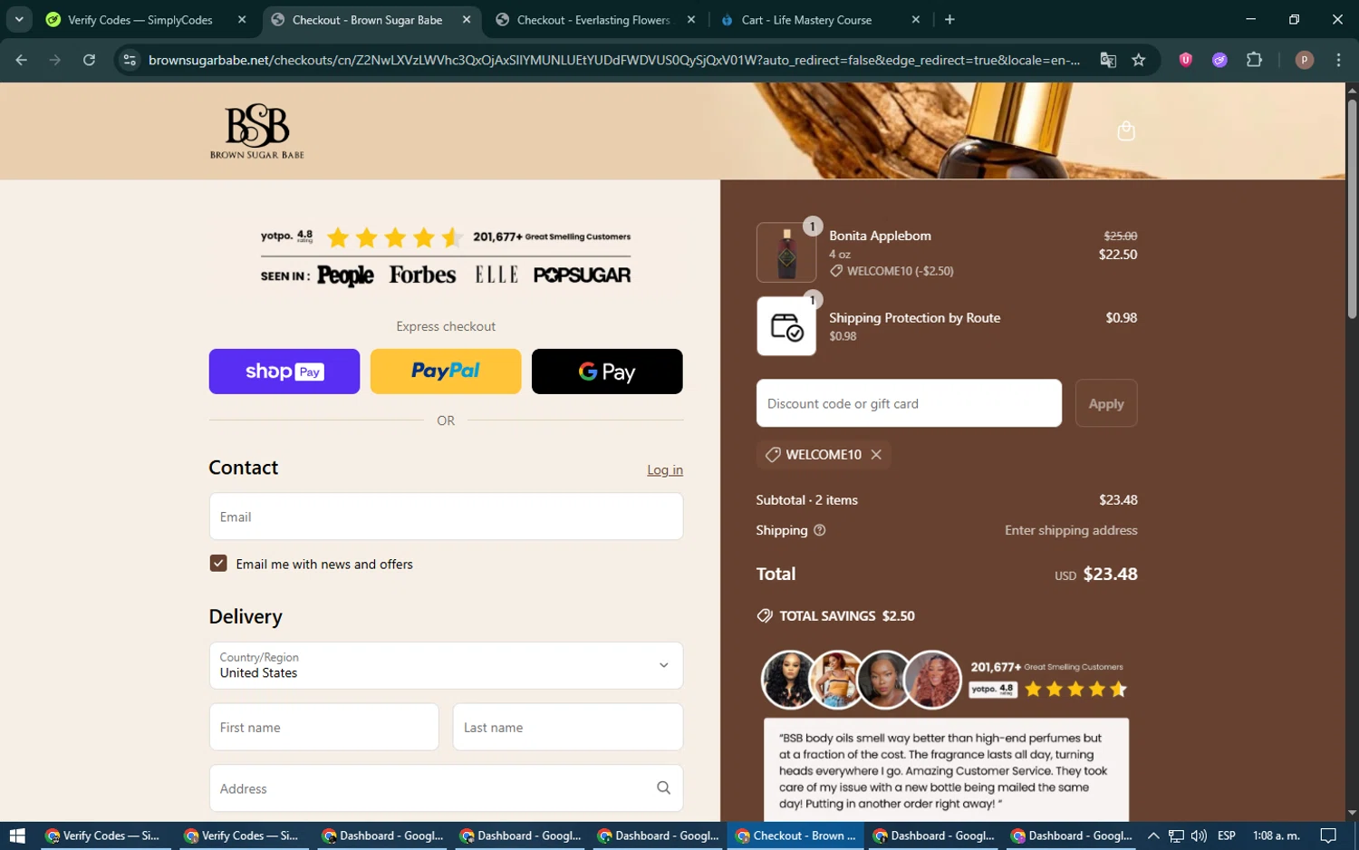 Brown Sugar Babe discount code screenshot showing code WELCOME10 applied at Brown Sugar Babe checkout page. Uploaded by SimplyCodes community member RoyalSleuth6331 on Jun 29, 2025