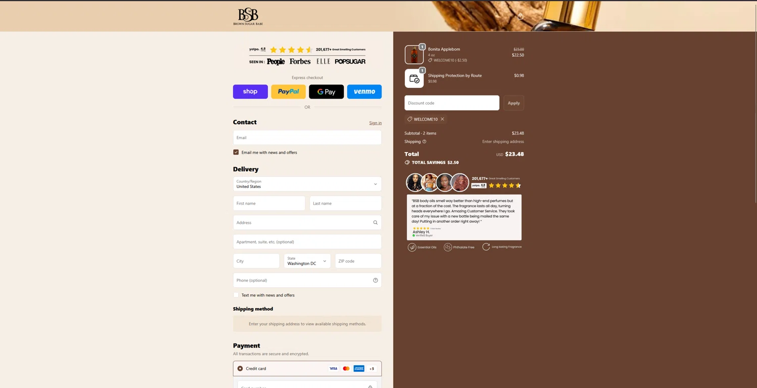 Brown Sugar Babe discount code screenshot showing code WELCOME10 applied at Brown Sugar Babe checkout page. Uploaded by SimplyCodes community member bluemoony on Oct 25, 2025