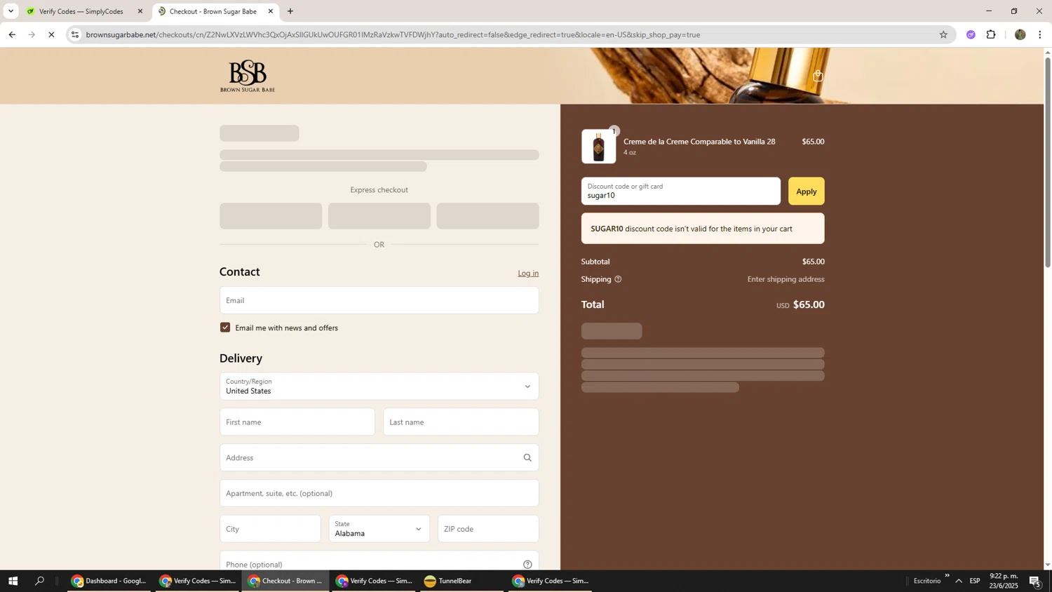 Brown Sugar Babe discount code screenshot showing code sugar10 applied at Brown Sugar Babe checkout page. Uploaded by SimplyCodes community member Phoenix585 on Jun 24, 2025