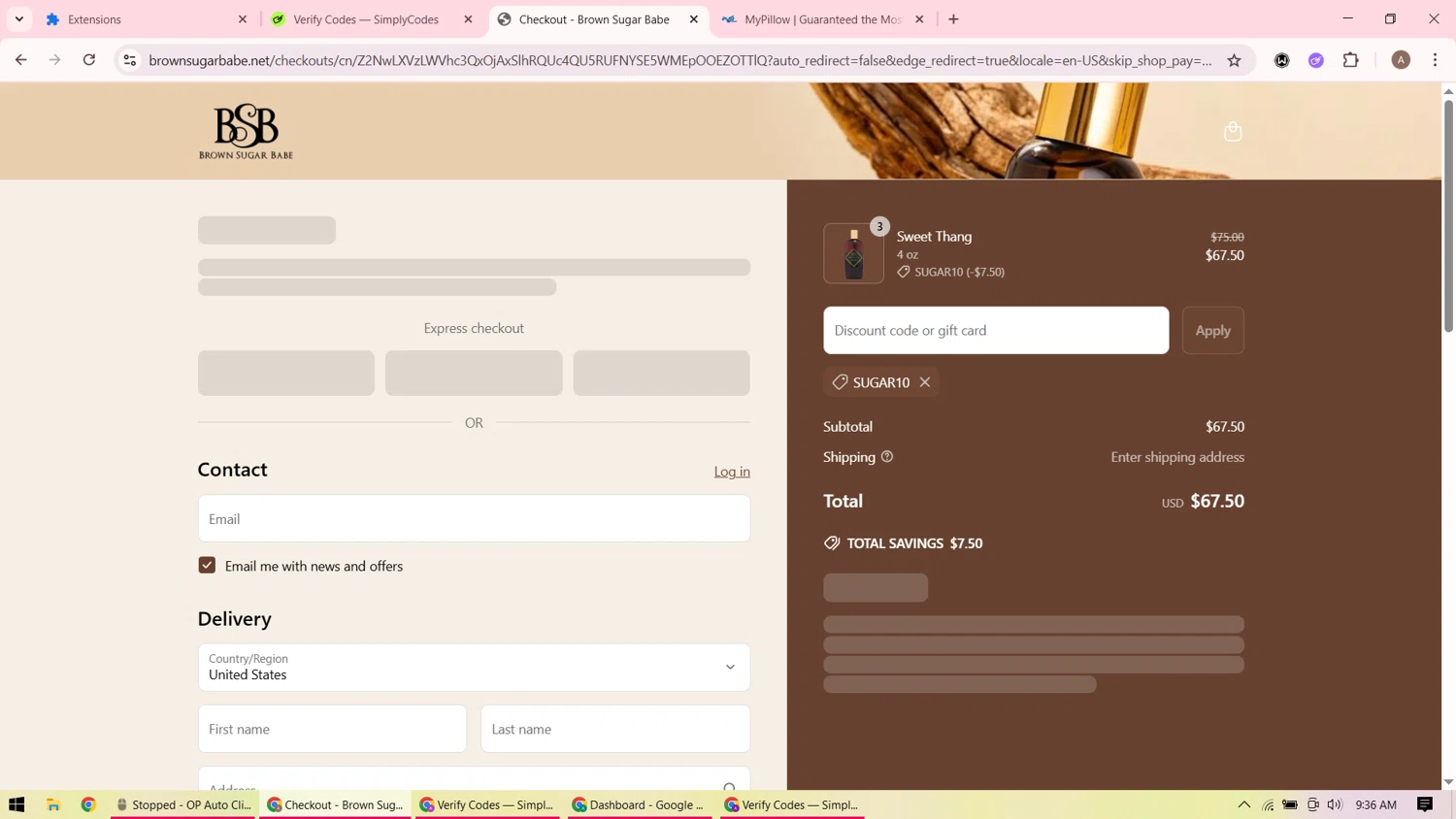 Brown Sugar Babe discount code screenshot showing code sugar10 applied at Brown Sugar Babe checkout page. Uploaded by SimplyCodes community member RewardPilot6611 on Jun 14, 2025