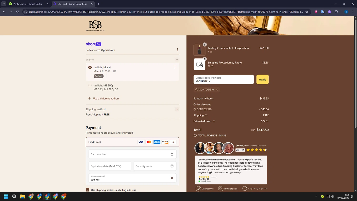 Brown Sugar Babe discount code screenshot showing code SCNTDSIS10 applied at Brown Sugar Babe checkout page. Uploaded by SimplyCodes community member CashLegend3767 on Jul 7, 2025