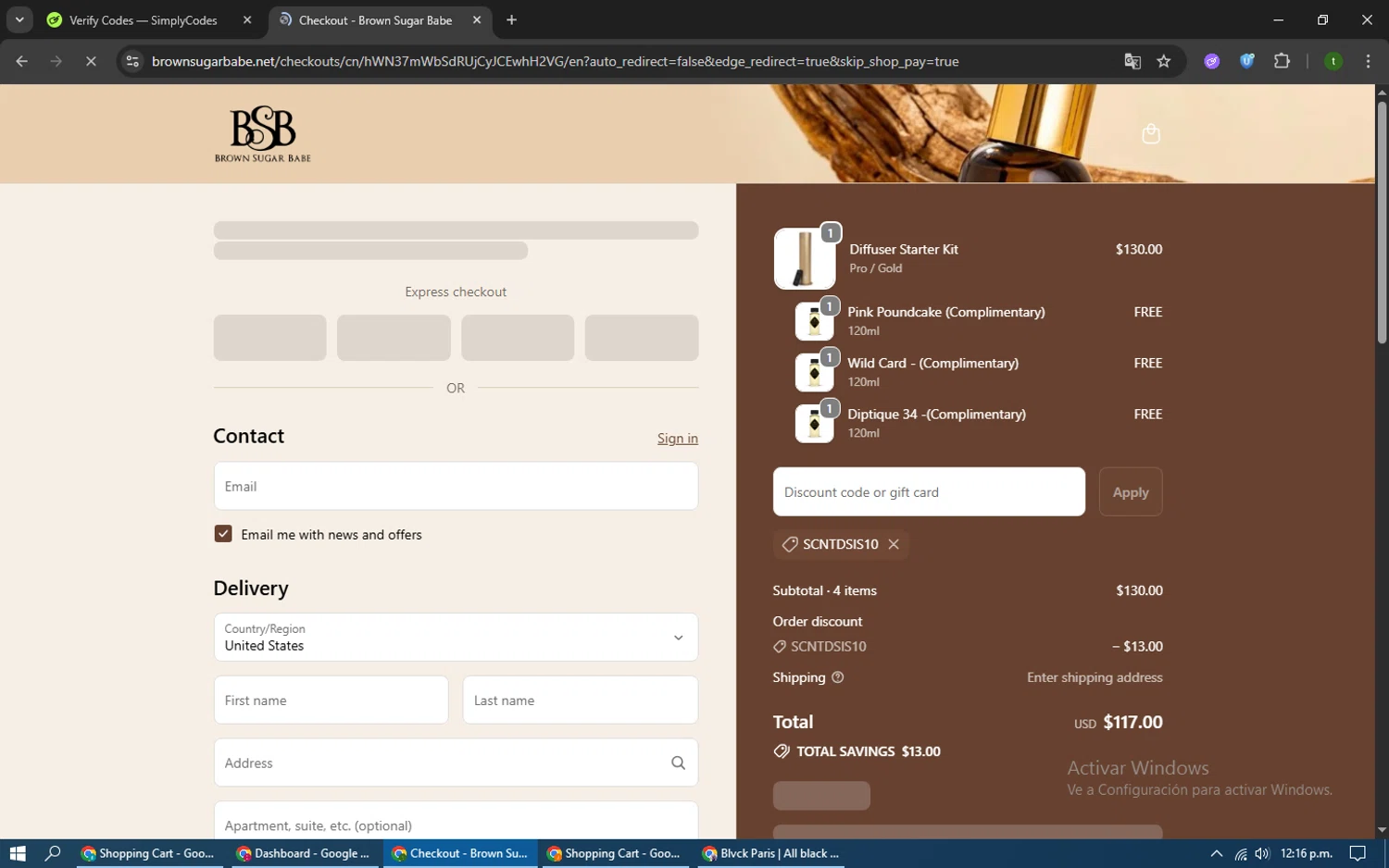 Brown Sugar Babe discount code screenshot showing code SCNTDSIS10 applied at Brown Sugar Babe checkout page. Uploaded by SimplyCodes community member Dennyguillermo on Sep 18, 2025
