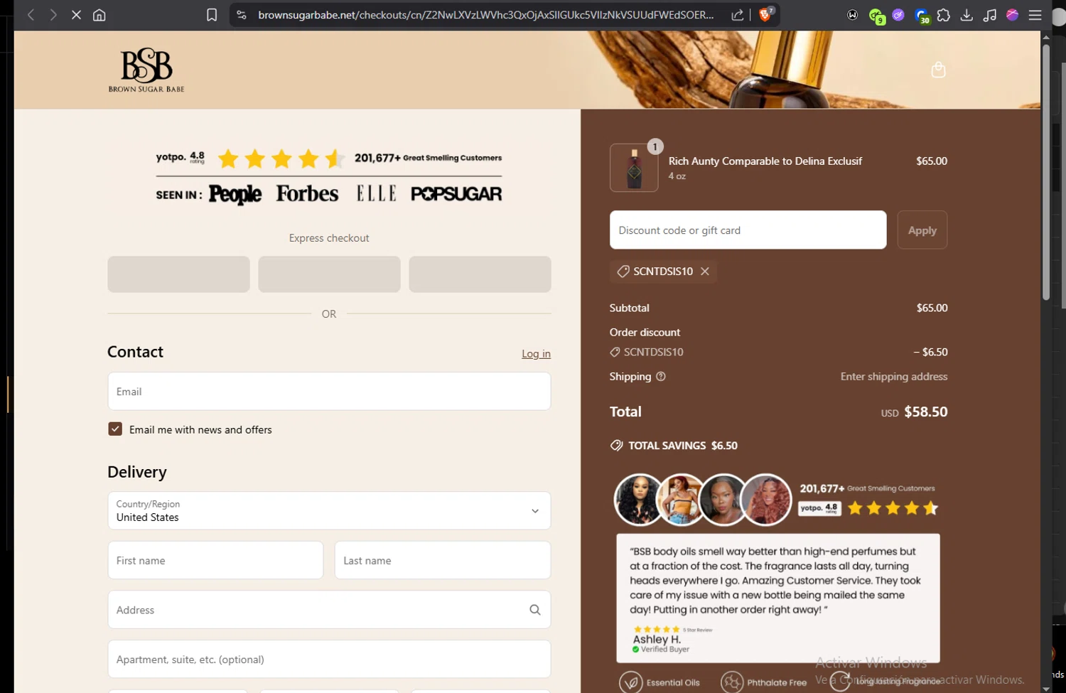 Brown Sugar Babe discount code screenshot showing code SCNTDSIS10 applied at Brown Sugar Babe checkout page. Uploaded by SimplyCodes community member Jmhernand1 on Jun 24, 2025