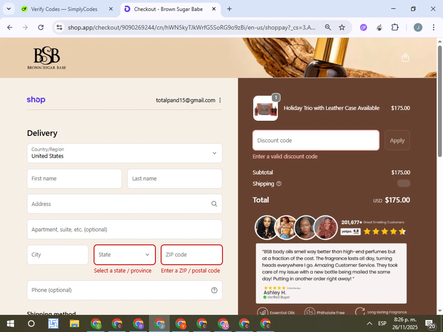 Brown Sugar Babe discount code screenshot showing code BRITT applied at Brown Sugar Babe checkout page. Uploaded by SimplyCodes community member ValueTracker8384 on Nov 27, 2025