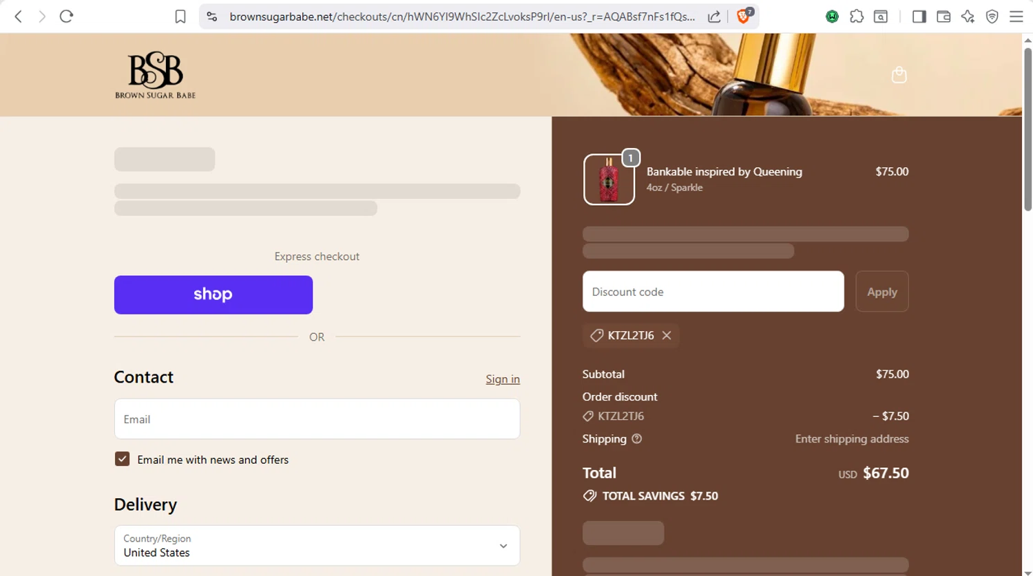 Brown Sugar Babe checkout page showing Brown Sugar Babe discount code box | Screenshot taken by SimplyCodes community member on Dec 17, 2025