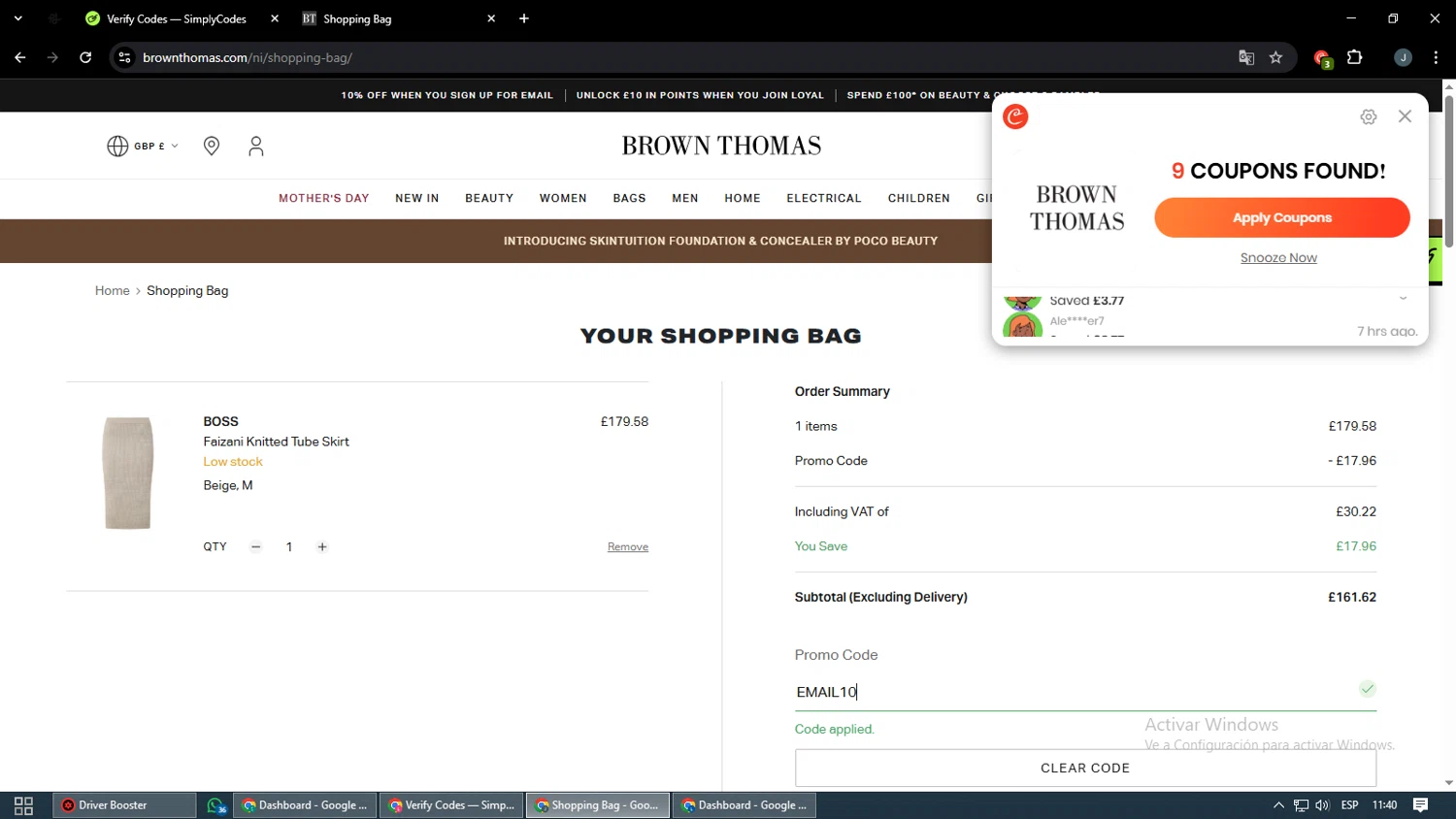 Brown Thomas checkout page showing Brown Thomas promo code box | Screenshot taken by SimplyCodes community member on Mar 27, 2025