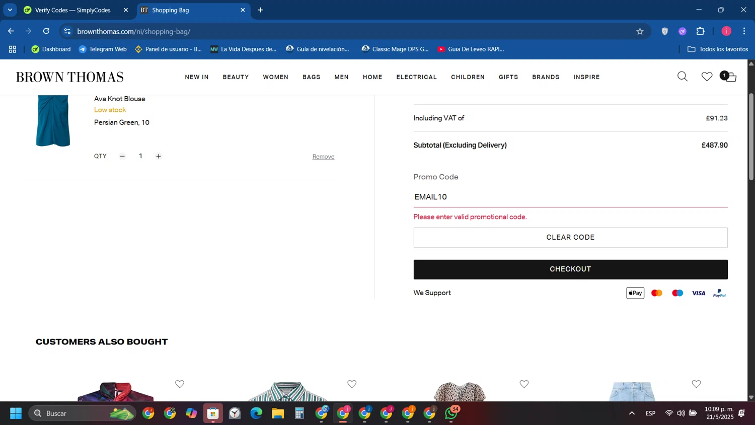 Brown Thomas promo code screenshot showing code EMAIL10 applied at Brown Thomas checkout page. Uploaded by SimplyCodes community member Tryhard on May 22, 2025
