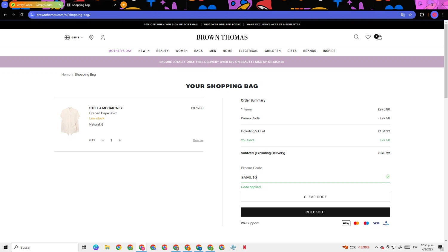 Brown Thomas checkout page showing Brown Thomas promo code box | Screenshot taken by SimplyCodes community member on Mar 4, 2025
