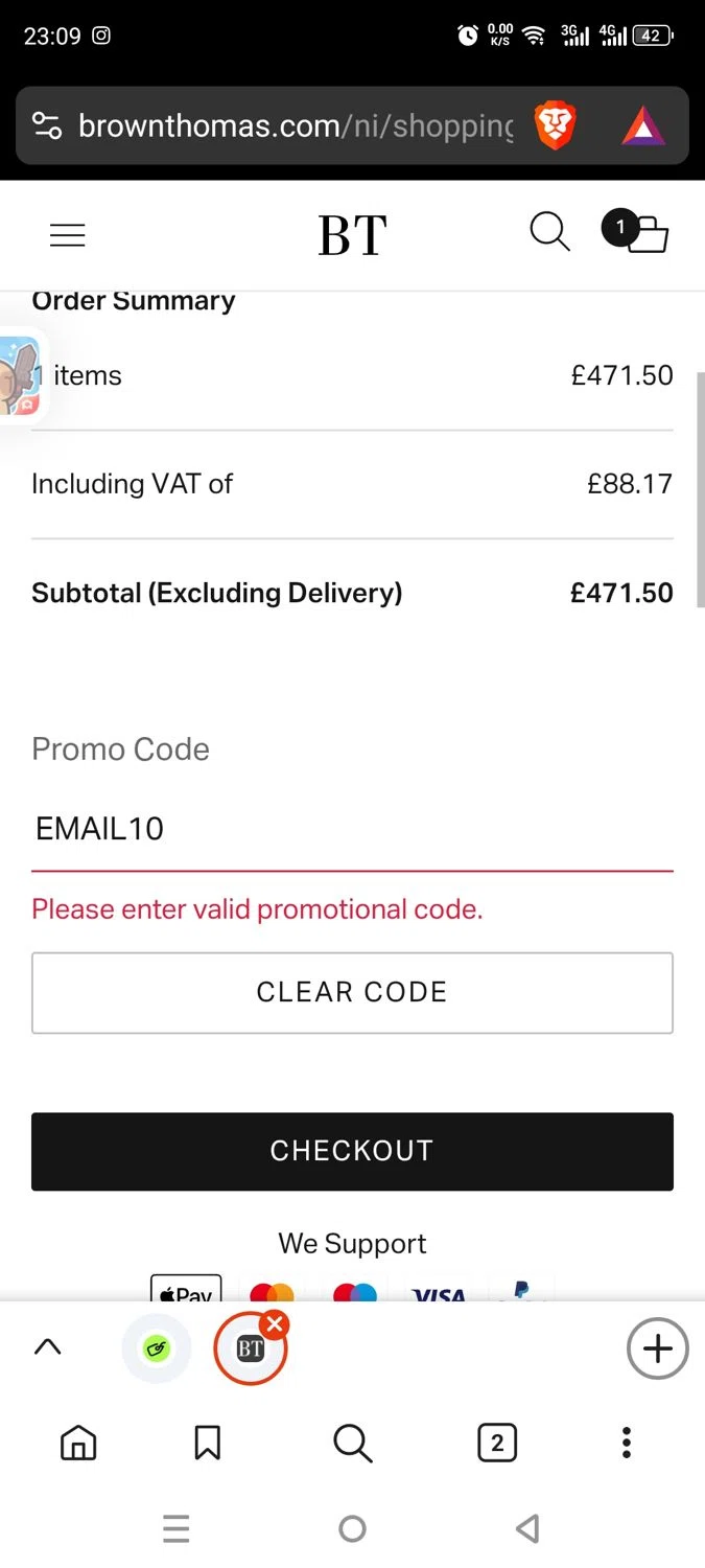 Brown Thomas promo code screenshot showing code EMAIL10 applied at Brown Thomas checkout page. Uploaded by SimplyCodes community member dayselis15 on May 22, 2025