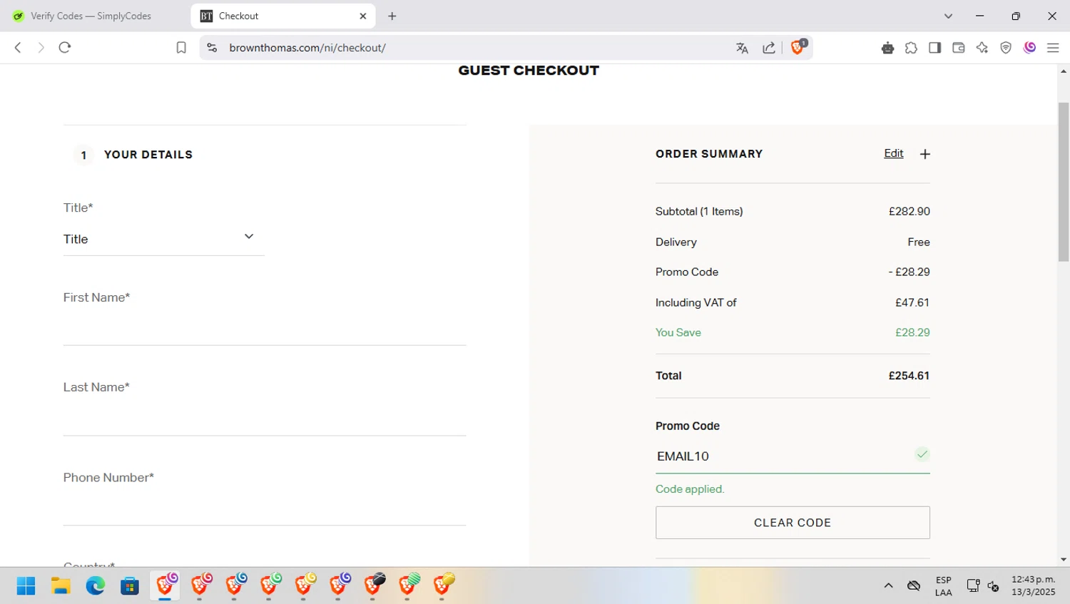 Brown Thomas checkout page showing Brown Thomas promo code box | Screenshot taken by SimplyCodes community member on Mar 13, 2025
