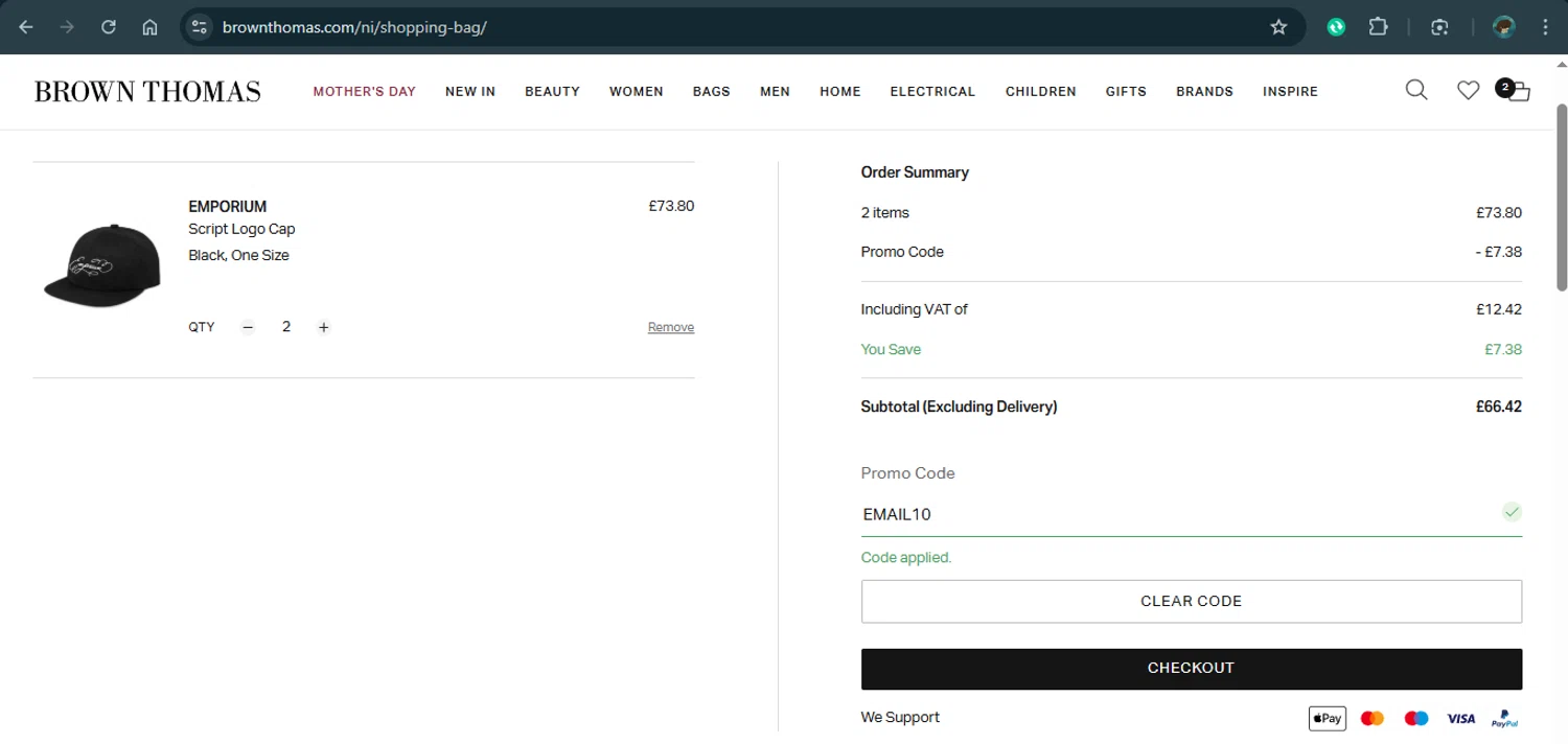 Brown Thomas checkout page showing Brown Thomas promo code box | Screenshot taken by SimplyCodes community member on Mar 22, 2025