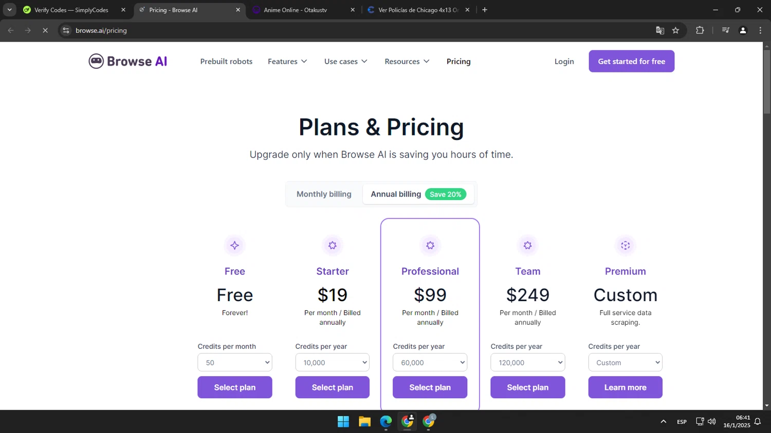 Browse AI promo code screenshot showing code ROBOTS10 applied at Browse AI checkout page. Uploaded by SimplyCodes community member humanmos on Jan 16, 2025