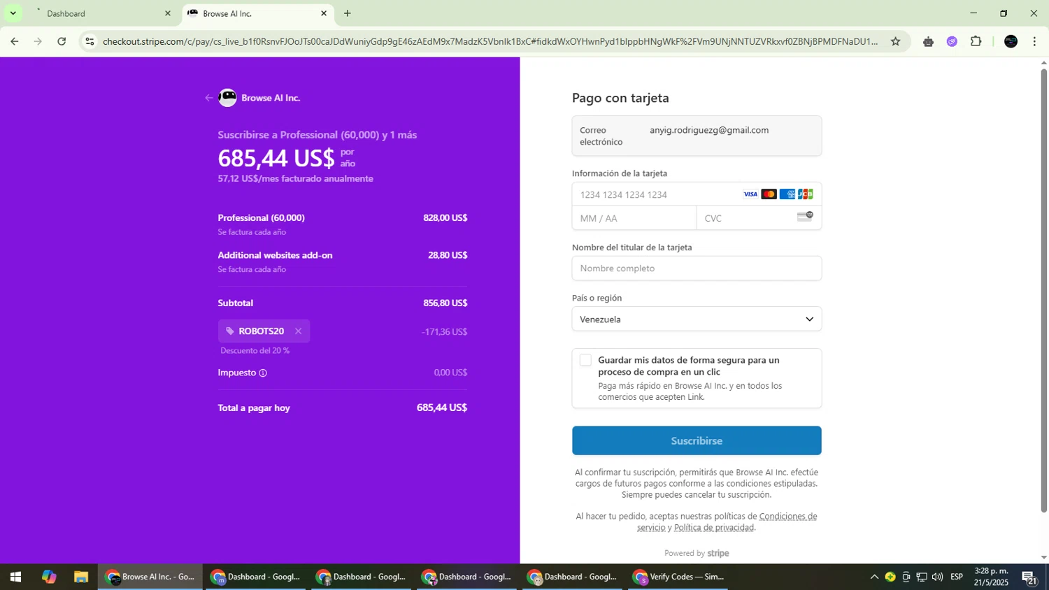 Browse AI promo code screenshot showing code ROBOTS20 applied at Browse AI checkout page. Uploaded by SimplyCodes community member CarmenVGR on May 21, 2025