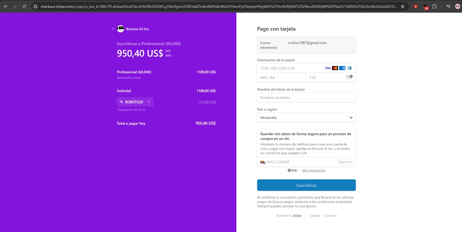 Browse AI checkout page showing Browse AI promo code box | Screenshot taken by SimplyCodes community member on Jul 29, 2024