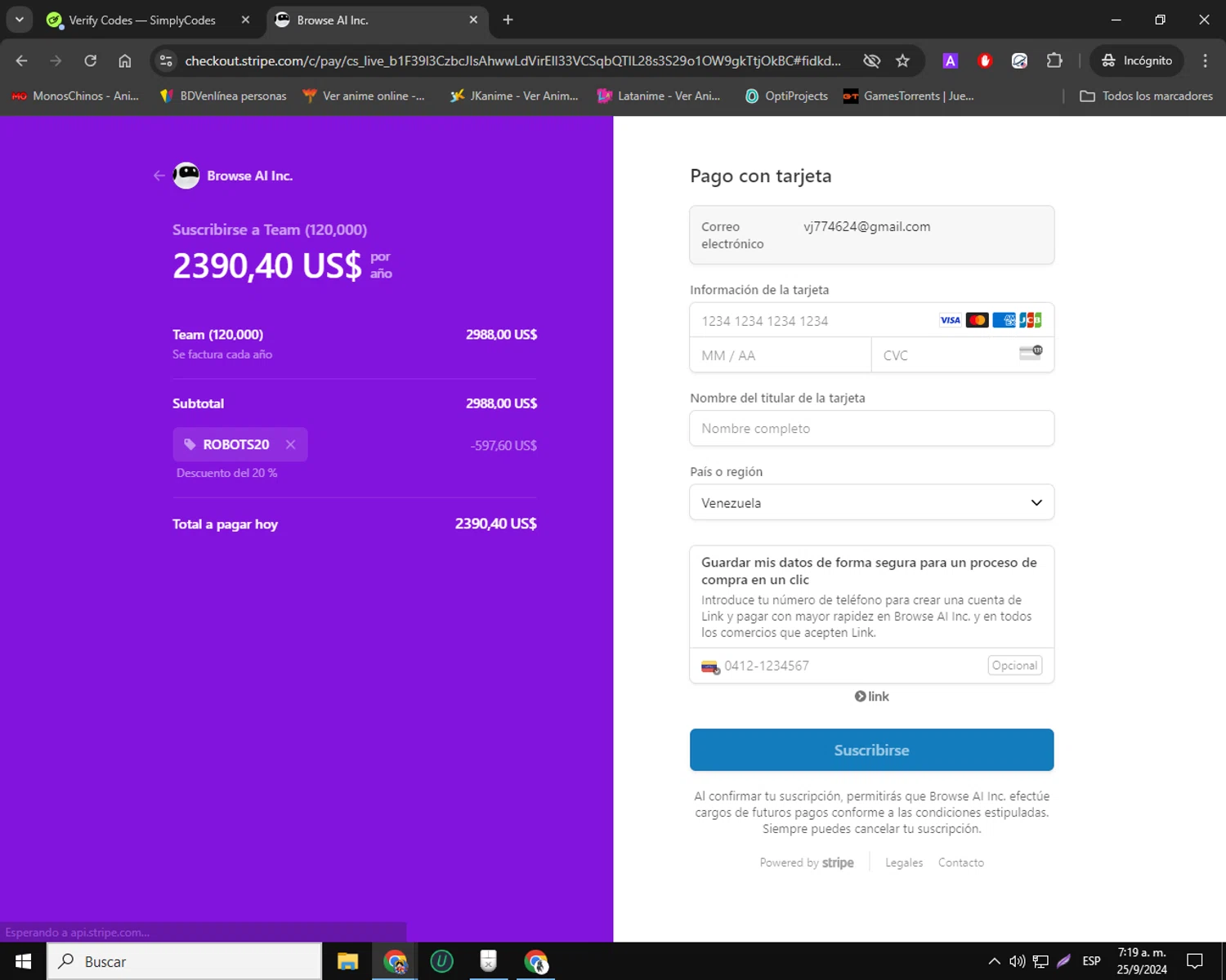 Browse AI checkout page showing Browse AI promo code box | Screenshot taken by SimplyCodes community member on Sep 25, 2024