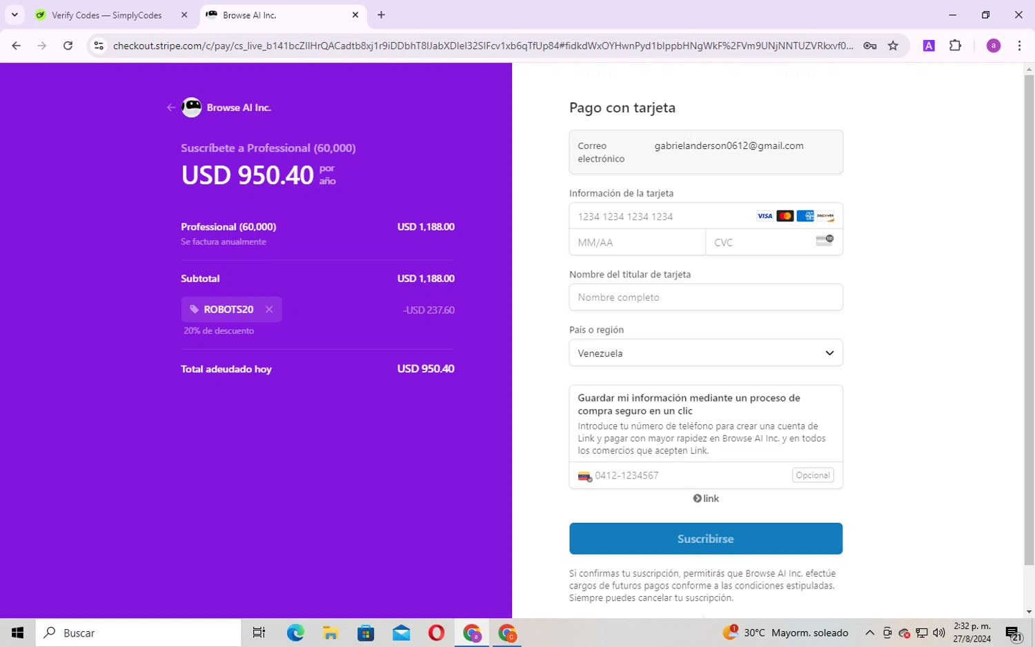 Browse AI checkout page showing Browse AI promo code box | Screenshot taken by SimplyCodes community member on Aug 27, 2024
