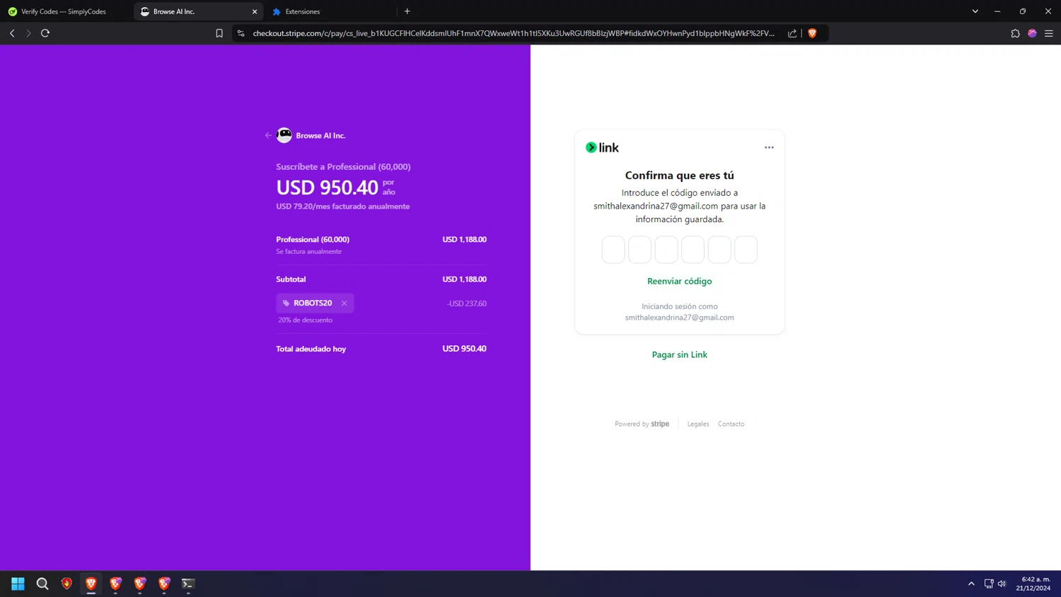 Browse AI checkout page showing Browse AI promo code box | Screenshot taken by SimplyCodes community member on Dec 21, 2024