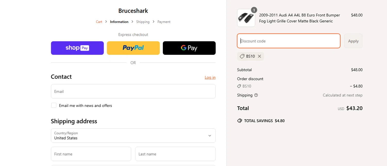 Bruce & Shark discount code screenshot showing code BS10 applied at Bruce & Shark checkout page. Uploaded by SimplyCodes community member Draken on Mar 19, 2025
