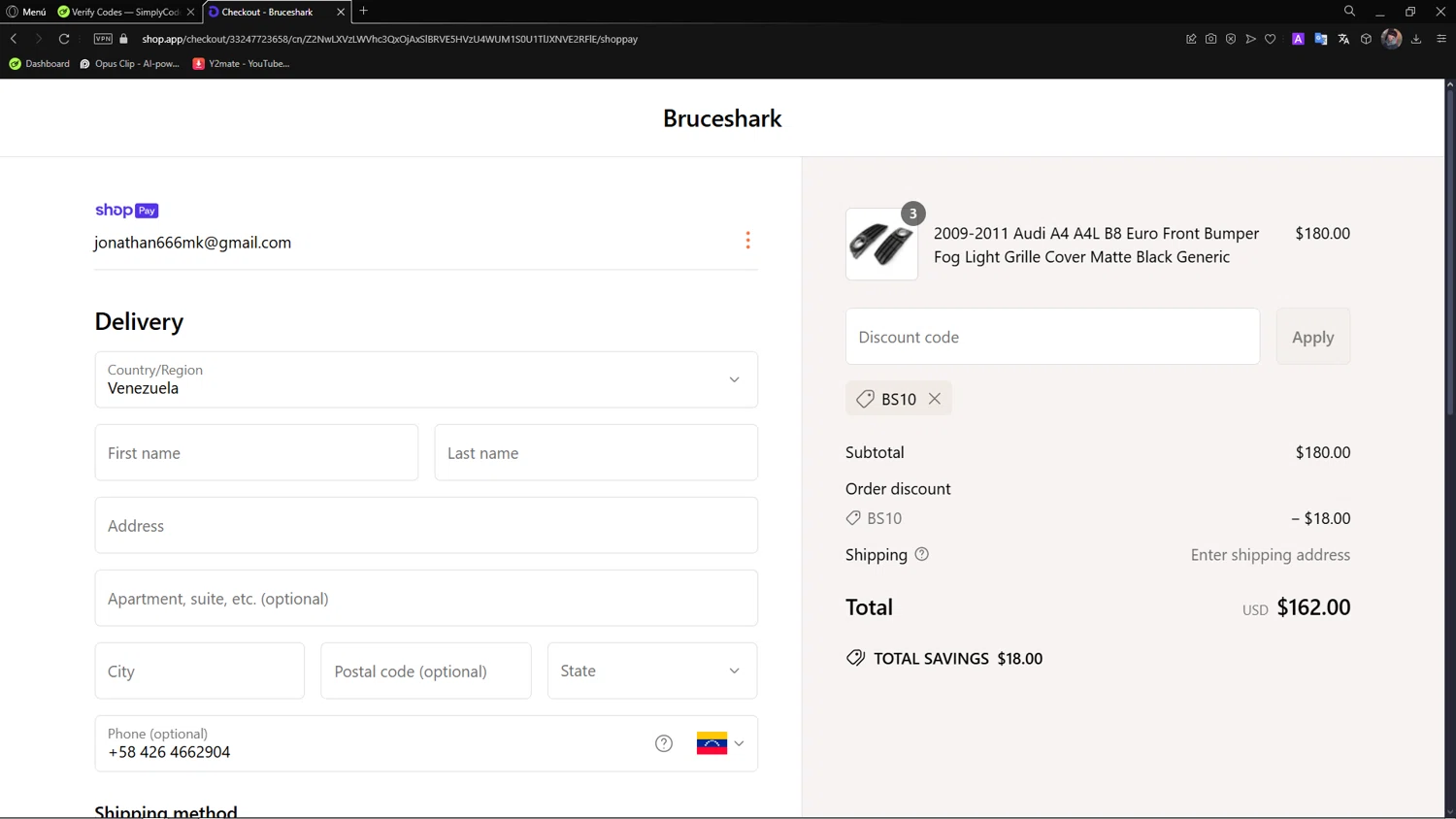 Bruce & Shark discount code screenshot showing code BS10 applied at Bruce & Shark checkout page. Uploaded by SimplyCodes community member s3v3nmk on Mar 19, 2025