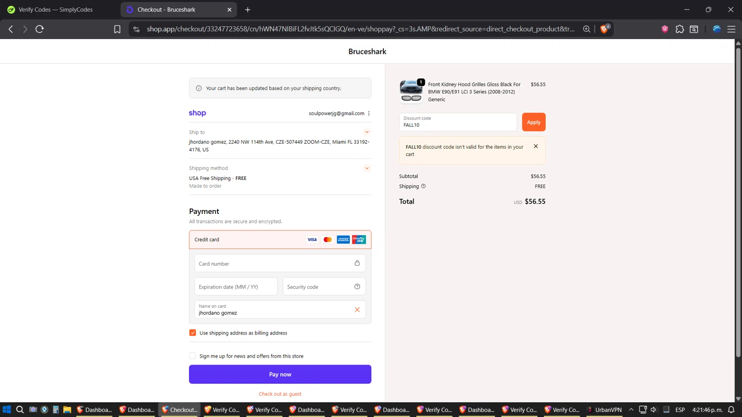 Bruce & Shark discount code screenshot showing code FALL10 applied at Bruce & Shark checkout page. Uploaded by SimplyCodes community member Jgomez on Oct 14, 2025