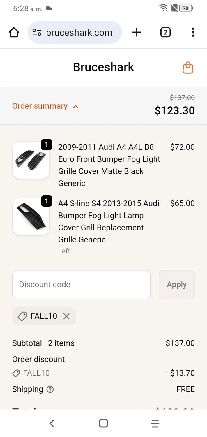 Bruce & Shark discount code screenshot showing code FALL10 applied at Bruce & Shark checkout page. Uploaded by SimplyCodes community member RoyalSpotter5217 on Oct 27, 2025