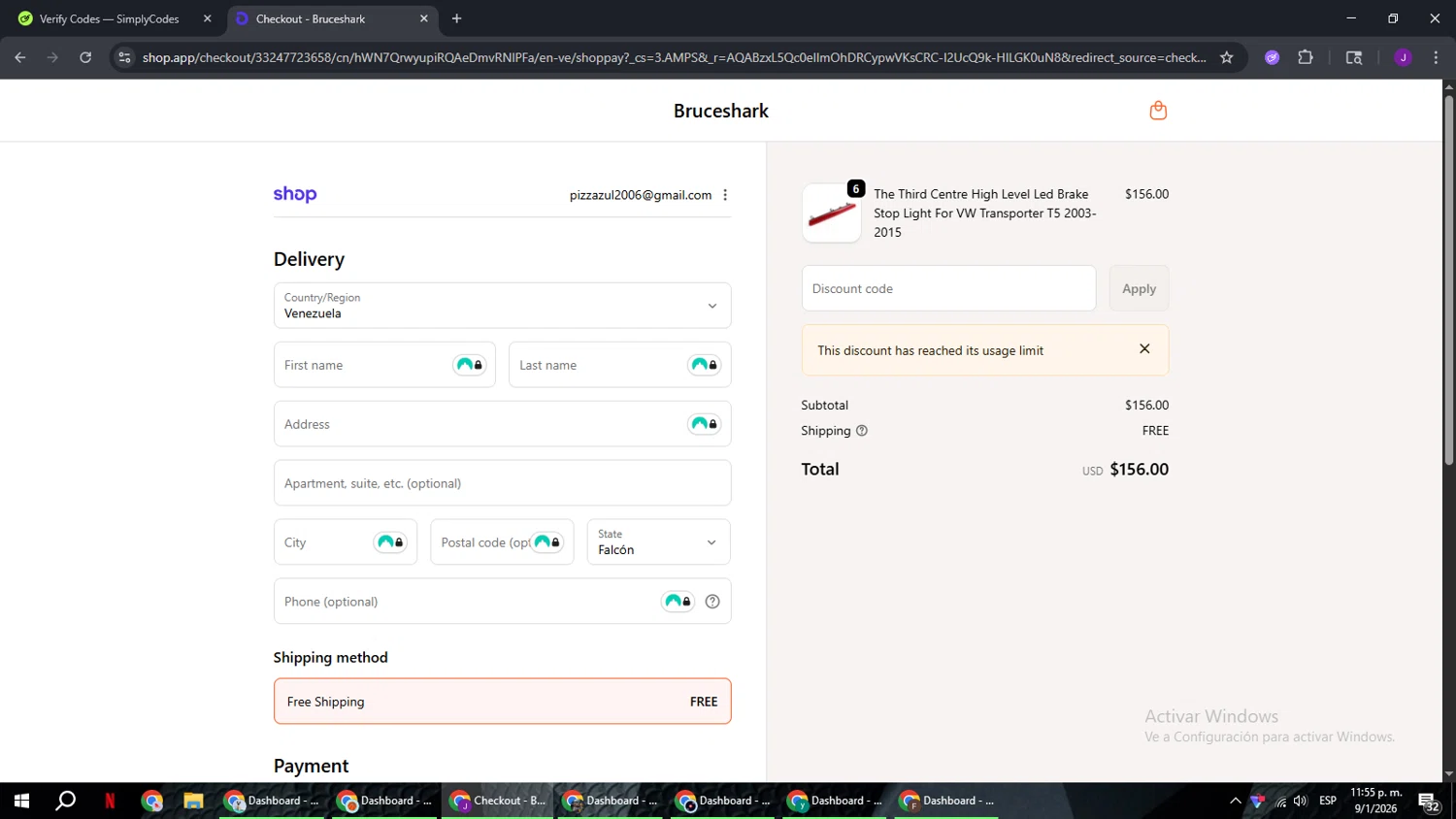 Bruce & Shark promo code screenshot showing code ADDQ2 applied at Bruce & Shark checkout page. Uploaded by SimplyCodes community member ComeBurra123 on Jan 10, 2026