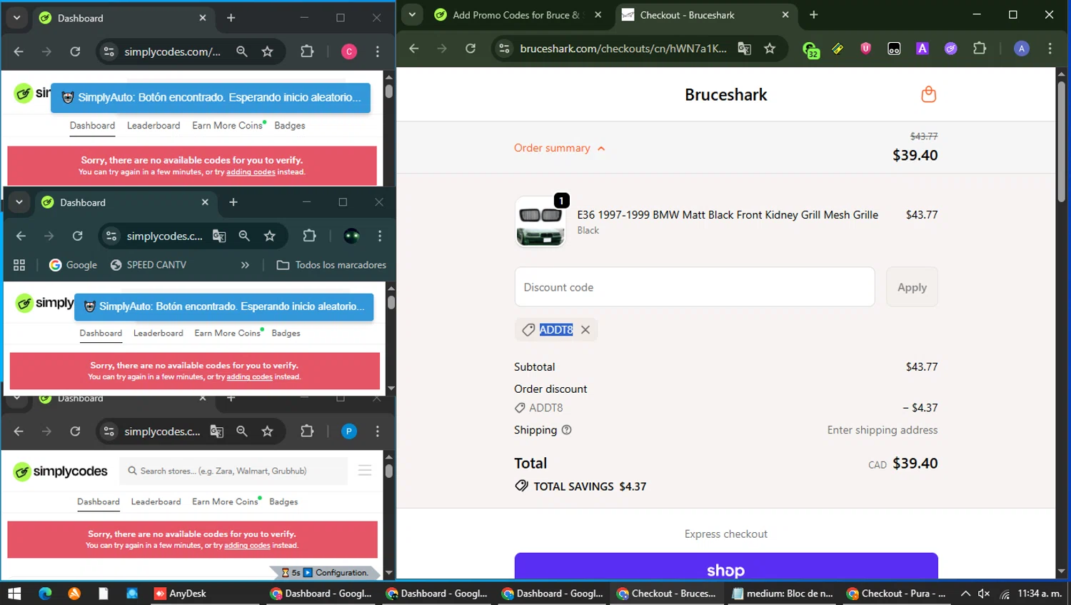 Bruce & Shark promo code screenshot showing code ADDT8 applied at Bruce & Shark checkout page. Uploaded by SimplyCodes community member Carolina23 on Feb 23, 2026