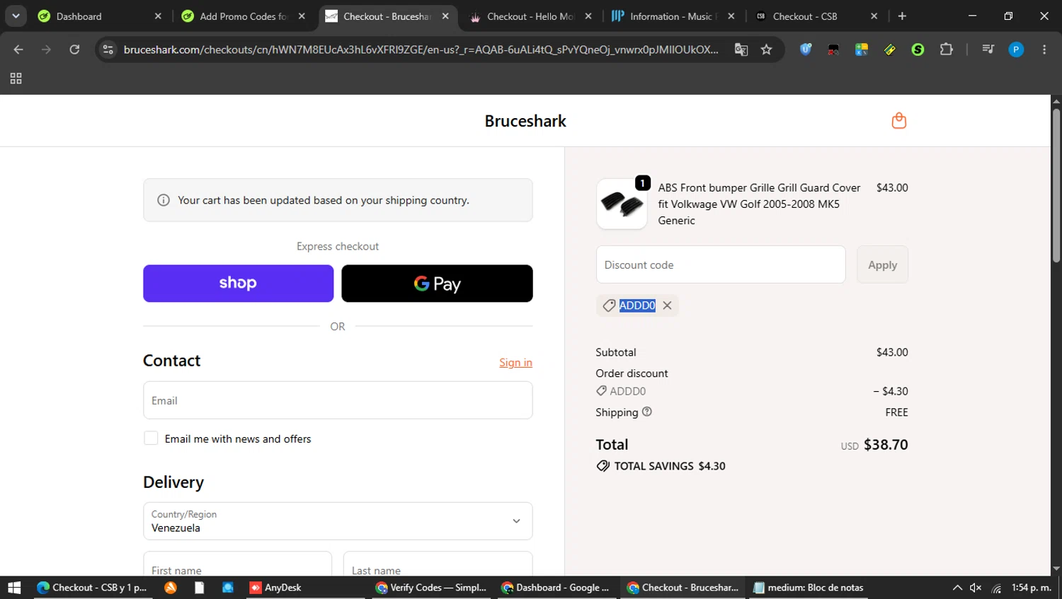 Bruce & Shark promo code screenshot showing code ADDD0 applied at Bruce & Shark checkout page. Uploaded by SimplyCodes community member MAVESA on Jun 15, 2026