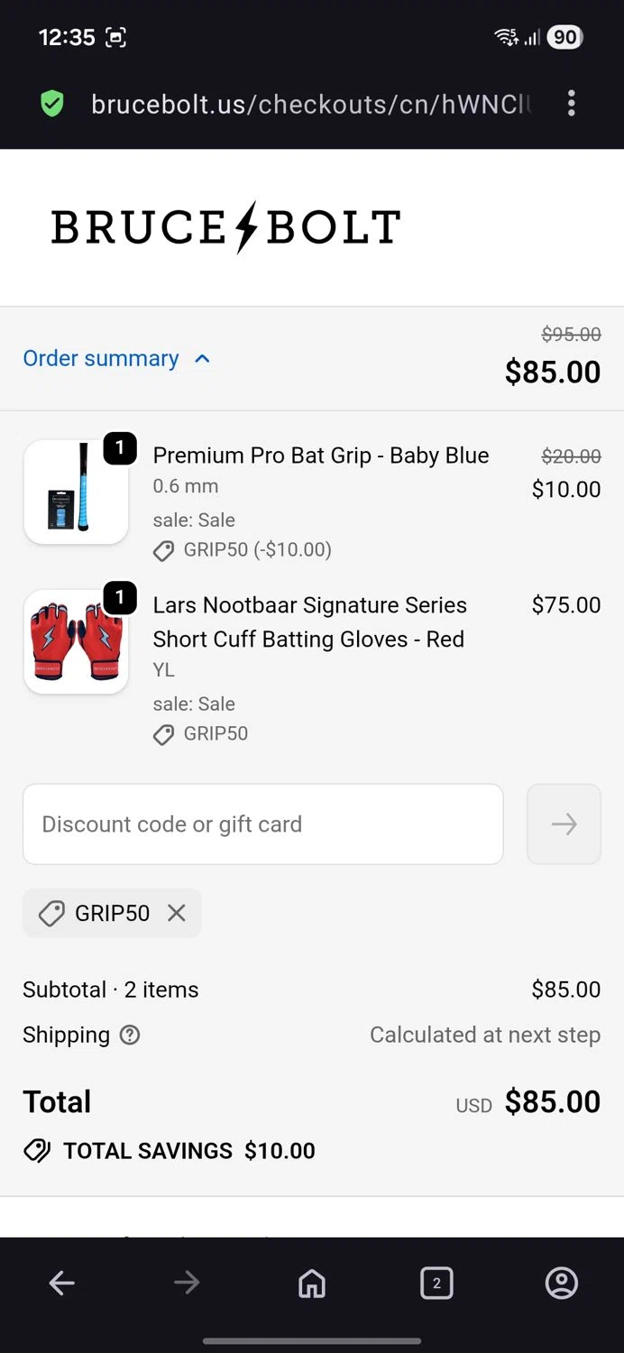 BRUCE BOLT promo code screenshot showing code Grip50 applied at BRUCE BOLT checkout page. Uploaded by SimplyCodes community member BB9542251456527 on May 30, 2026