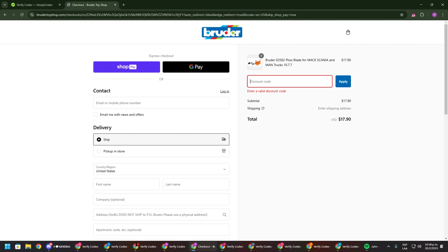 Bruder Toy Shop discount code screenshot showing code BRUDERMAIL applied at Bruder Toy Shop checkout page. Uploaded by SimplyCodes community member RoyalSentinel4577 on Feb 21, 2025