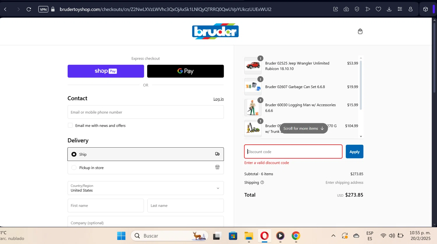 Bruder Toy Shop discount code screenshot showing code BRUDERMAIL applied at Bruder Toy Shop checkout page. Uploaded by SimplyCodes community member sofihernandezz on Feb 21, 2025