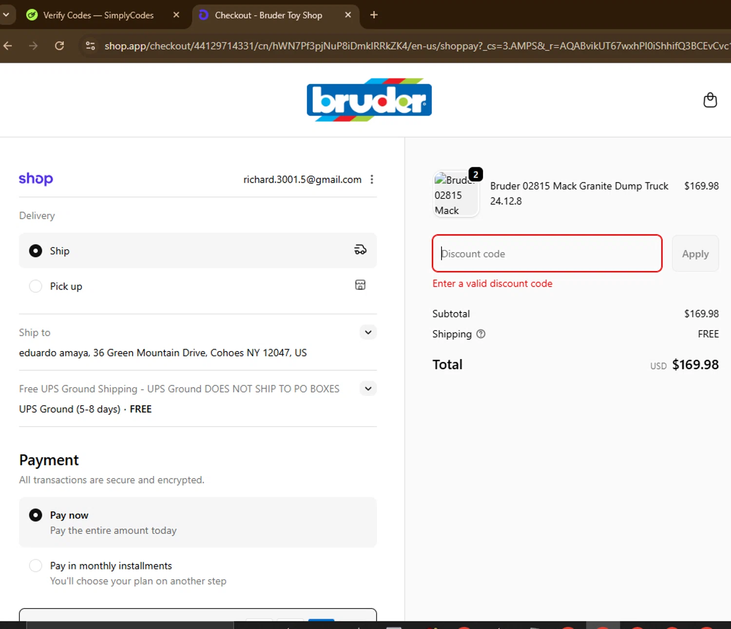 Bruder Toy Shop discount code screenshot showing code BRUDER10 applied at Bruder Toy Shop checkout page. Uploaded by SimplyCodes community member ExtraordinaryGuardian7753 on Jan 9, 2026