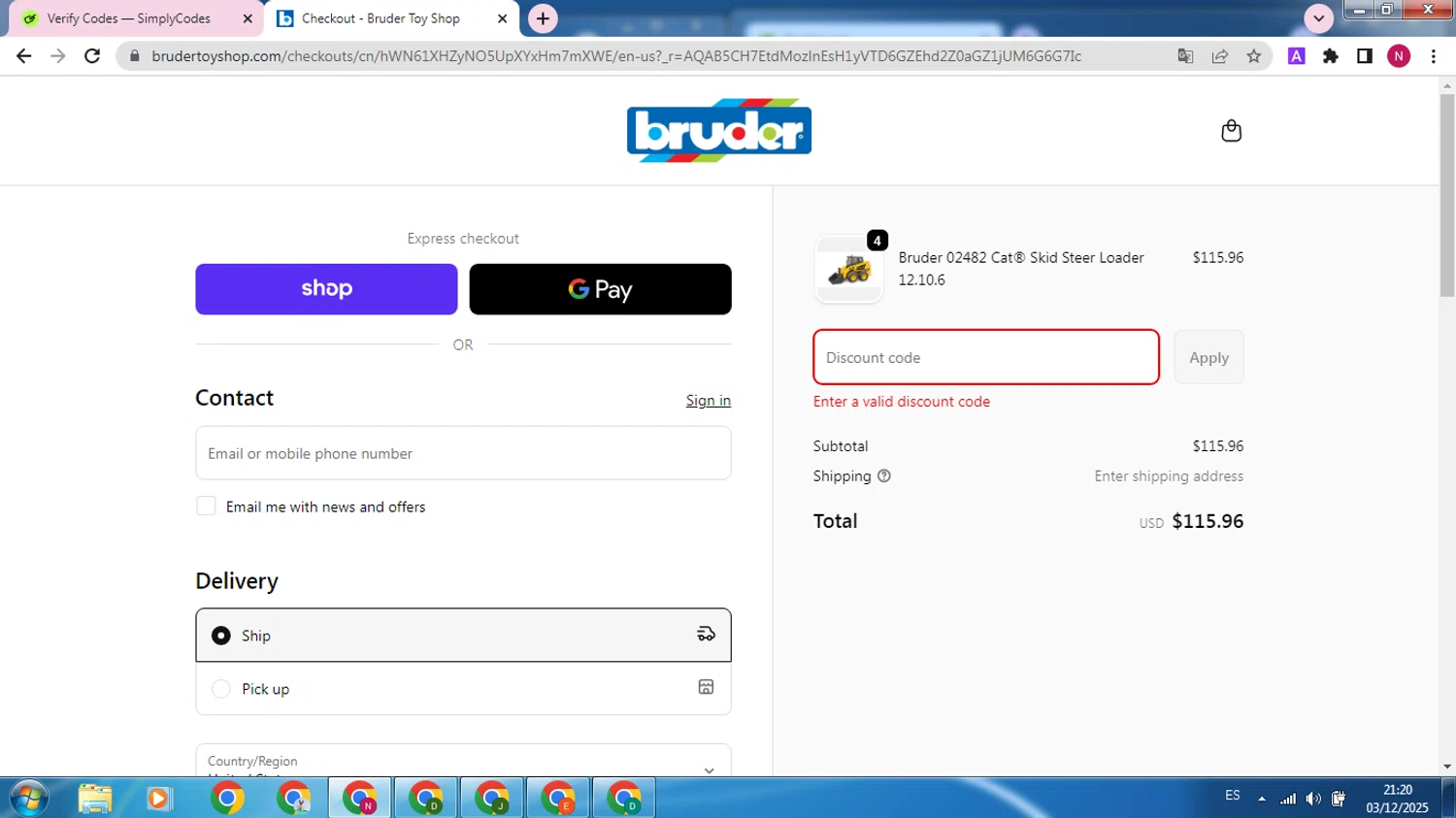 Bruder Toy Shop discount code screenshot showing code BRUDER10 applied at Bruder Toy Shop checkout page. Uploaded by SimplyCodes community member SilverMaverick387 on Dec 4, 2025