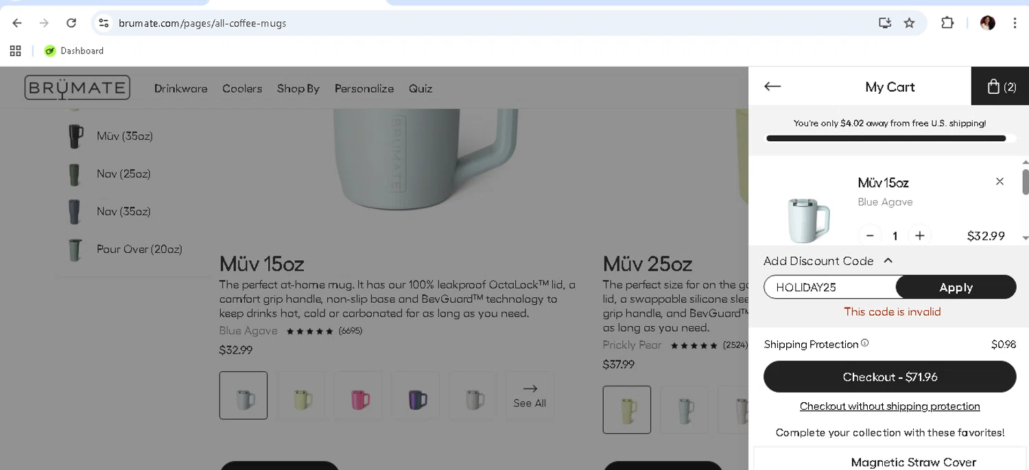 BruMate promo code screenshot showing code HOLIDAY25 applied at BruMate checkout page. Uploaded by SimplyCodes community member monicacaraballo on Dec 29, 2025