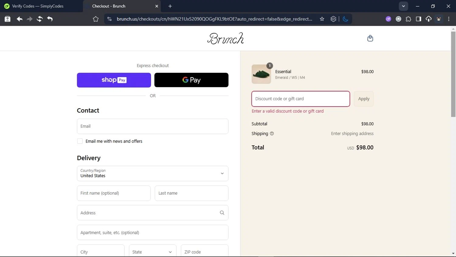 Brunch promo code screenshot showing code Brunch10 applied at Brunch checkout page. Uploaded by SimplyCodes community member PromoSpotter1784 on Aug 20, 2025