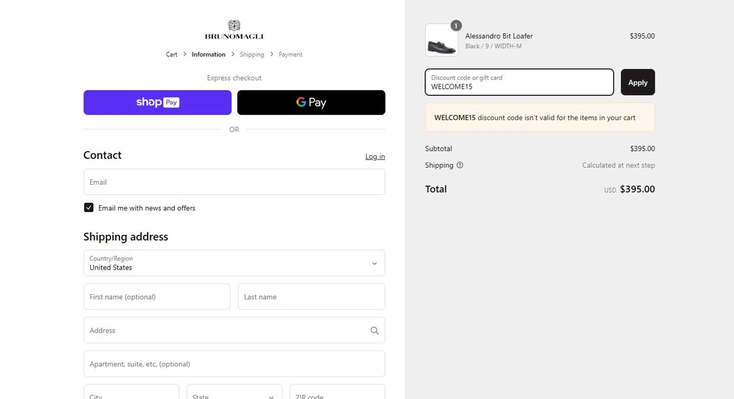 Bruno Magli discount code screenshot showing code WELCOME15 applied at Bruno Magli checkout page. Uploaded by SimplyCodes community member Alydrop on Mar 11, 2025