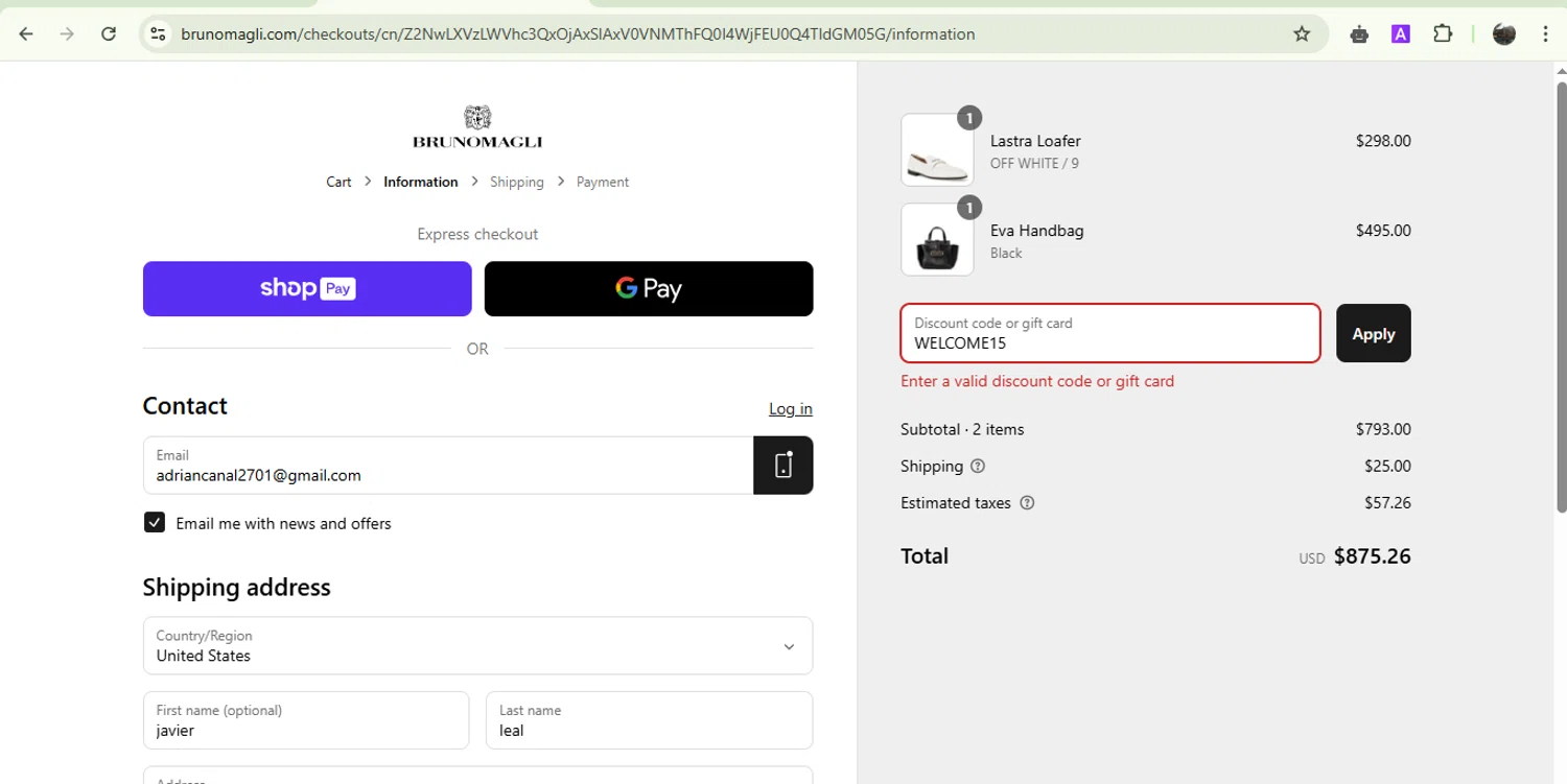 Bruno Magli discount code screenshot showing code WELCOME15 applied at Bruno Magli checkout page. Uploaded by SimplyCodes community member Jesusvasquezzz on Mar 11, 2025