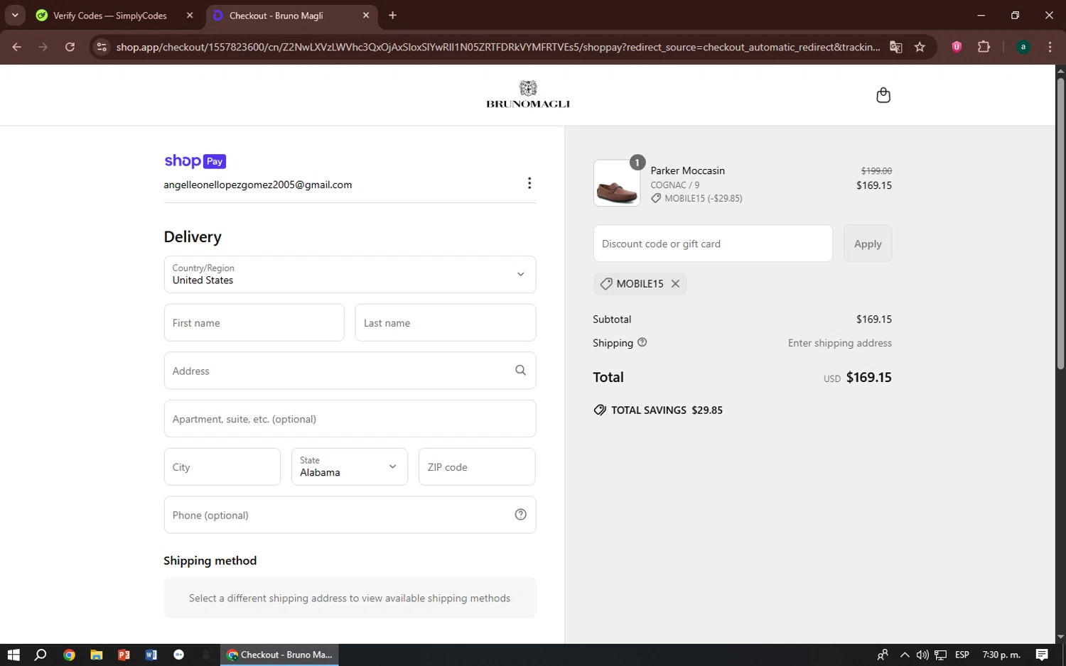 Bruno Magli discount code screenshot showing code MOBILE15 applied at Bruno Magli checkout page. Uploaded by SimplyCodes community member zizu55 on Jun 30, 2025