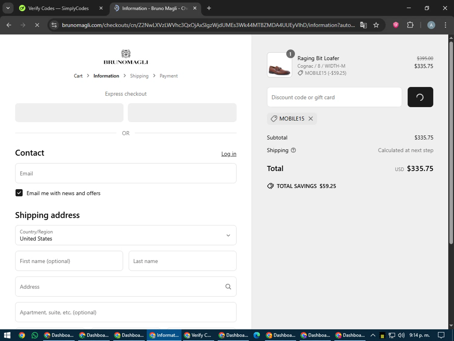 Bruno Magli discount code screenshot showing code MOBILE15 applied at Bruno Magli checkout page. Uploaded by SimplyCodes community member trippieredd on Jun 7, 2025